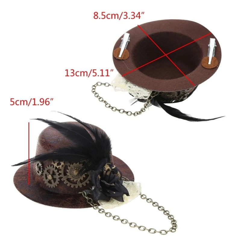 Steampunk Mini Top Hat Gothic Antique Gear Chains Flower Lace Hair Clip Tiny Bowler Victorian Costume Accessores - AltBrat