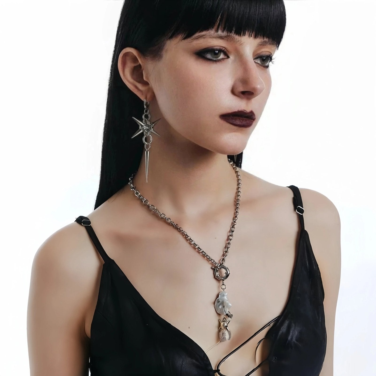 Gothic Stainless Steel Hoops Spike Piercing Long Dangle Earrings Handmade Punk y2k Chainmail Rivet Drop Earrings Rock Je - AltBrat