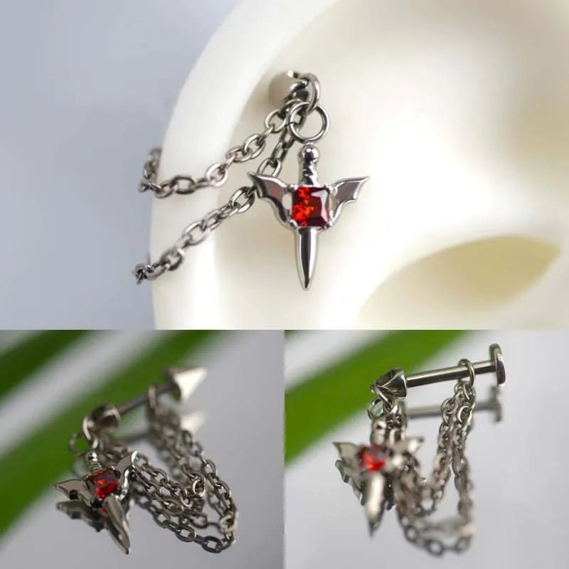 Stainless Steel Red Zircon Wing Chain Piercing Earring for Women Men Gothic Silver Color Rivet Ear Bone Nail Earring Y2K - AltBrat