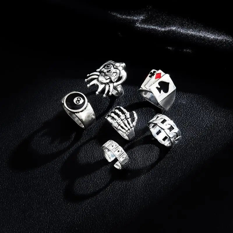 6Pcs Punk Poker Joker Silver Color Rings Set for Men Goth Skeleton Billiards Set Couple Emo Fashion Jewelry Anillos Homb - AltBrat