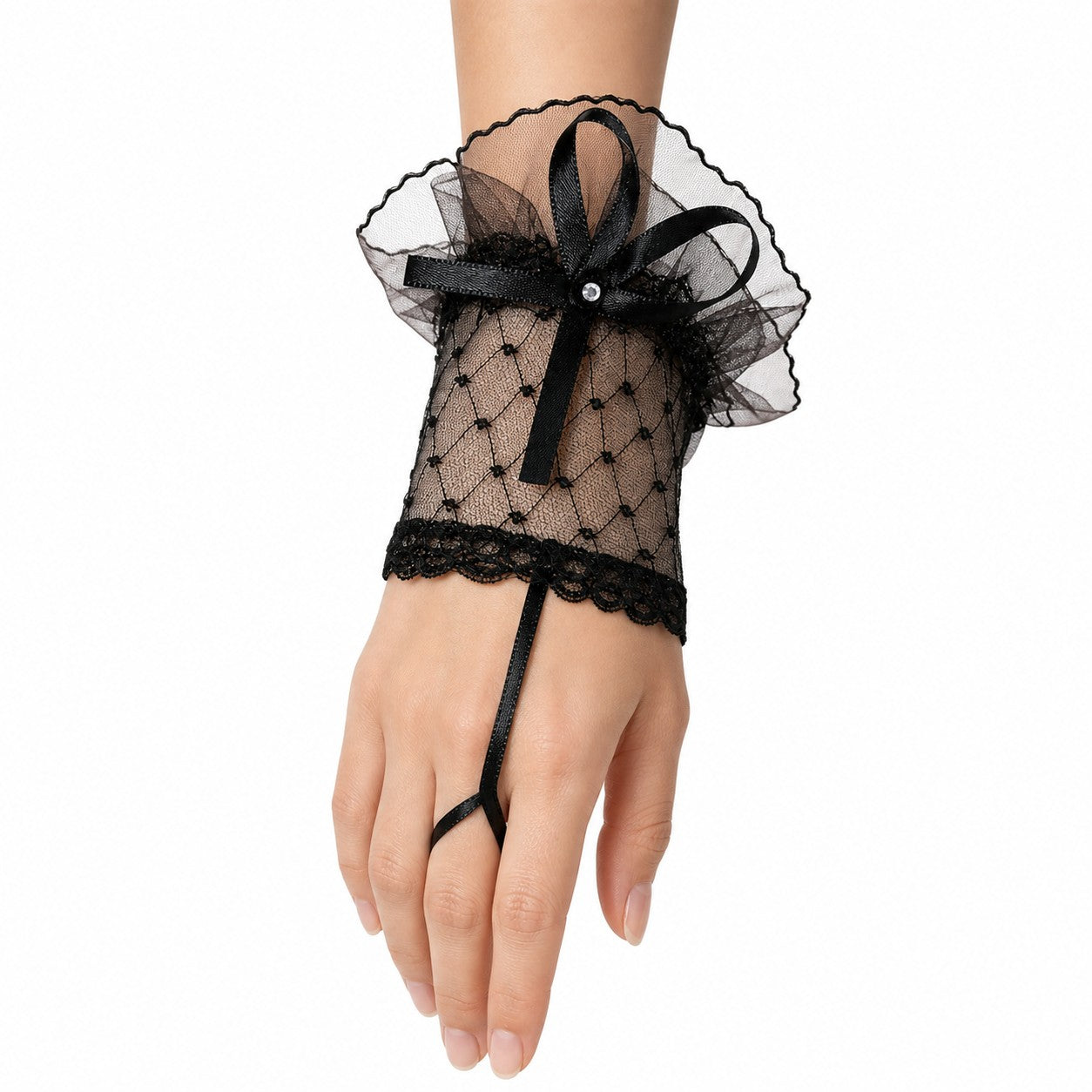 Black Lace Fingerless Gloves with Satin Bow worn - AltBrat