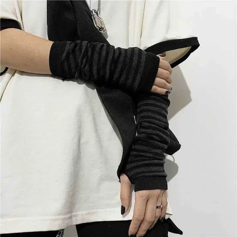 Striped Long Fingerless Arm Warmers (Multi-Colour) - AltBrat