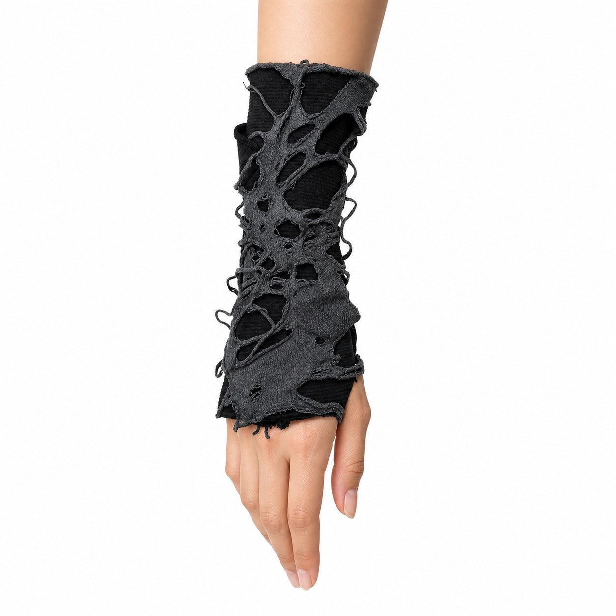 Ripped Distressed Punk Arm Warmers (Grey/Black) worn - AltBrat