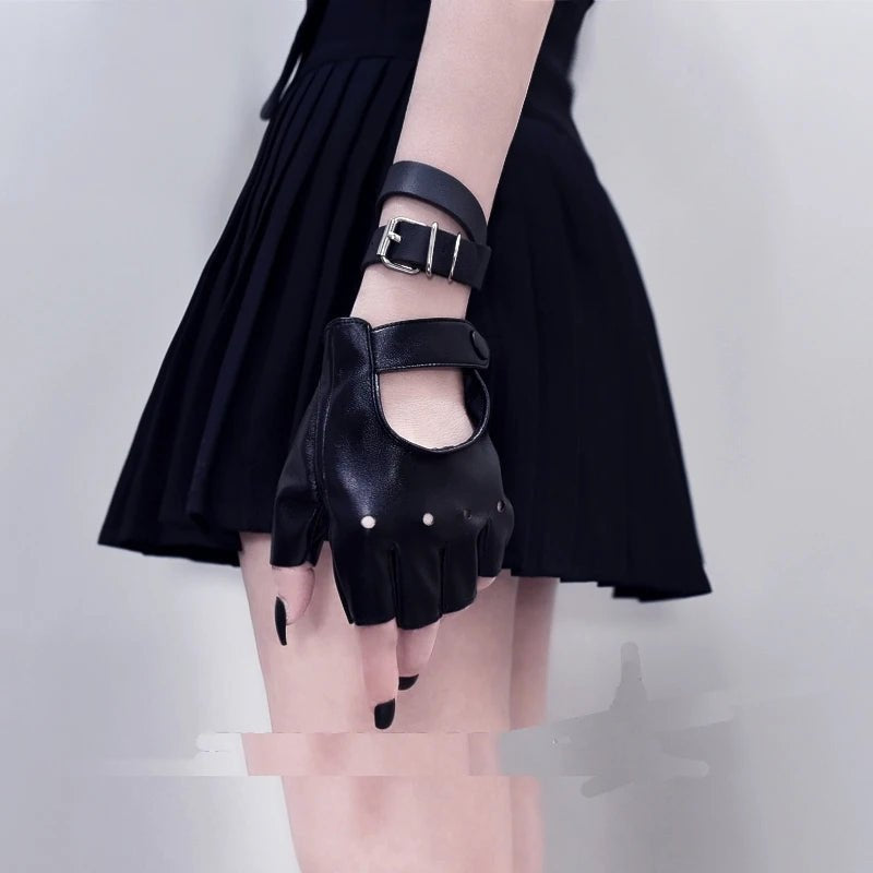 Gothic Half Finger hollow out gloves leather spice punk Lolita Unisex Y2K Harajuku photo cool JK sleeve Cosplay accessor - AltBrat