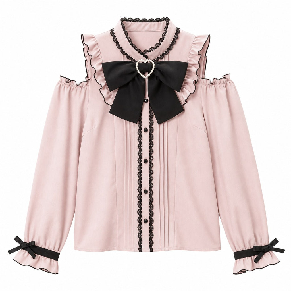 Off-Shoulder Ruffle Lolita Blouse with Heart Bow - AltBrat