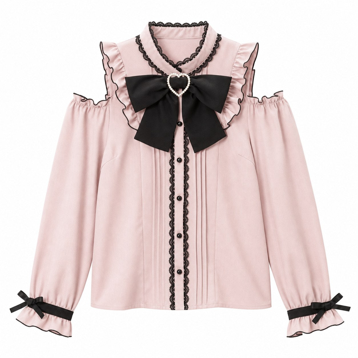 Off-Shoulder Ruffle Lolita Blouse with Heart Bow - AltBrat