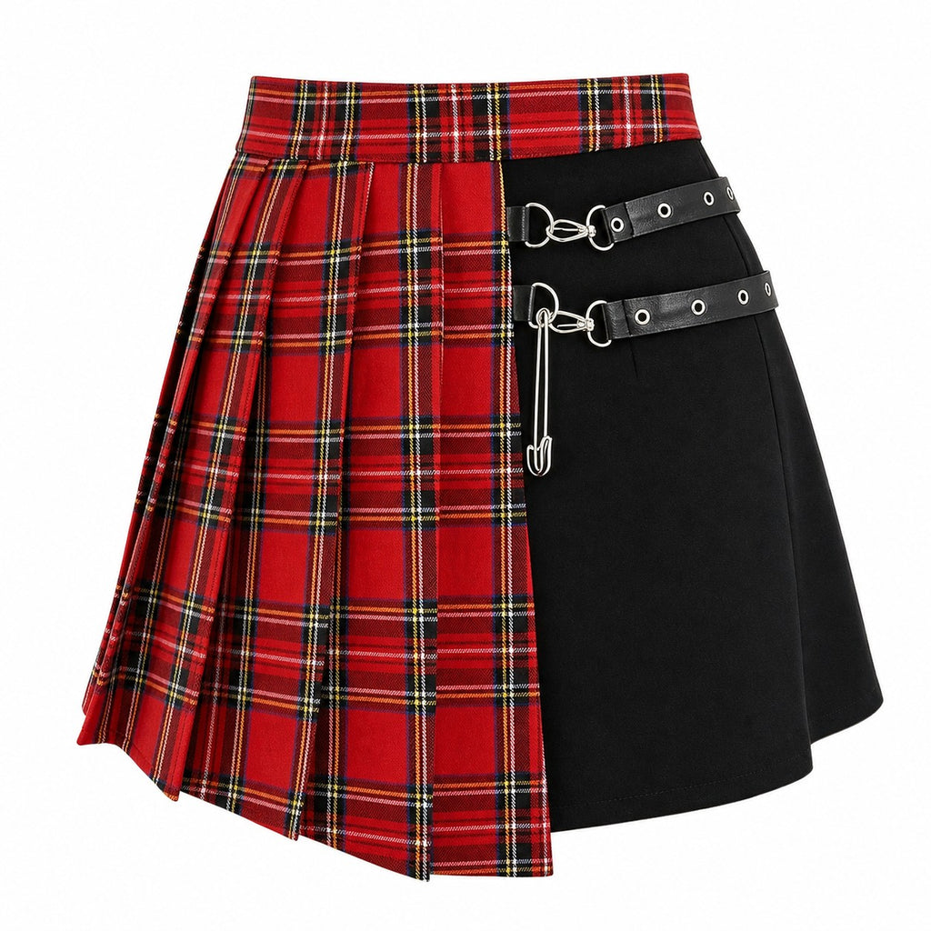 Asymmetric Red Plaid & Black Pleated Skirt product - AltBrat
