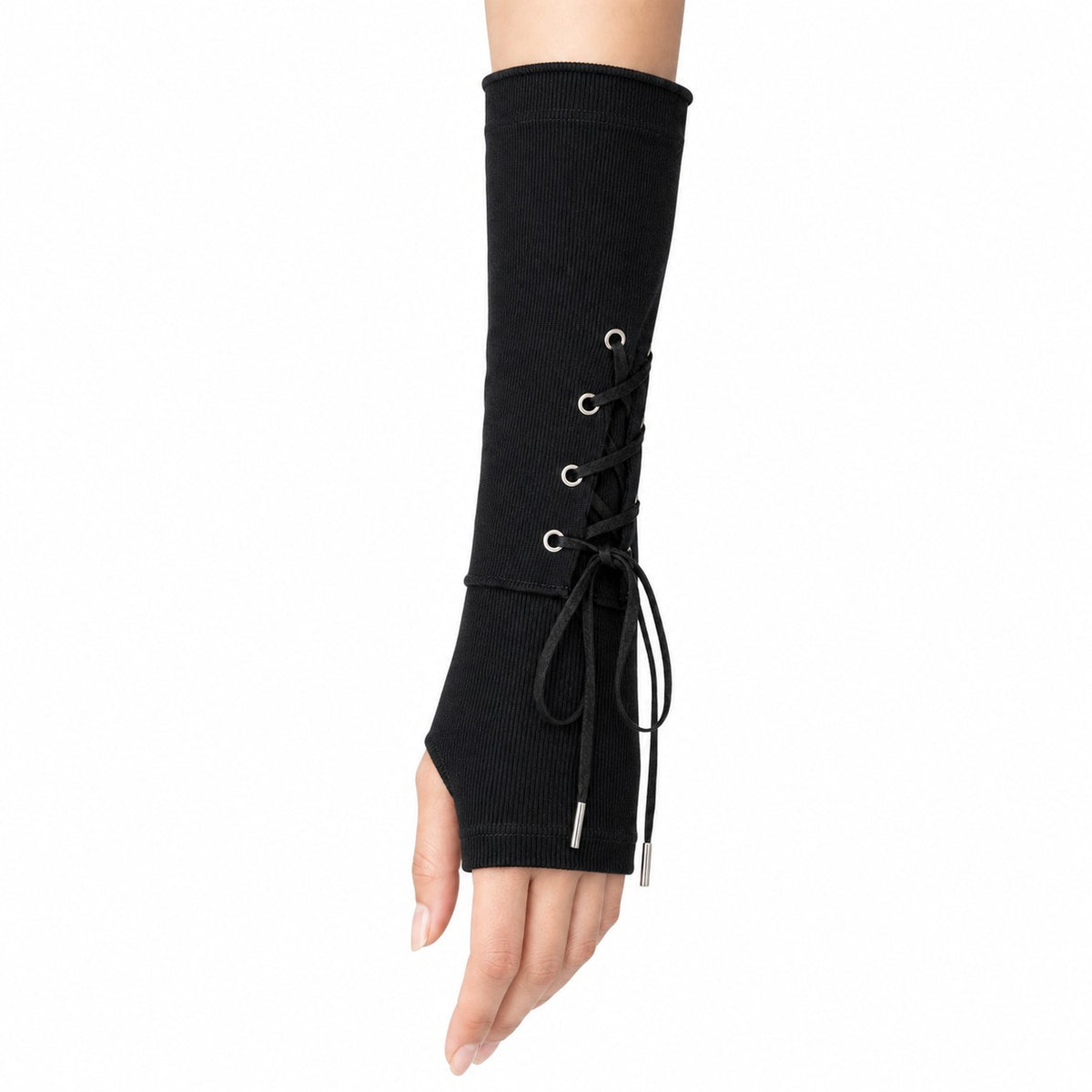 Eyelet Strap Long Fingerless Arm Gloves worn - AltBrat