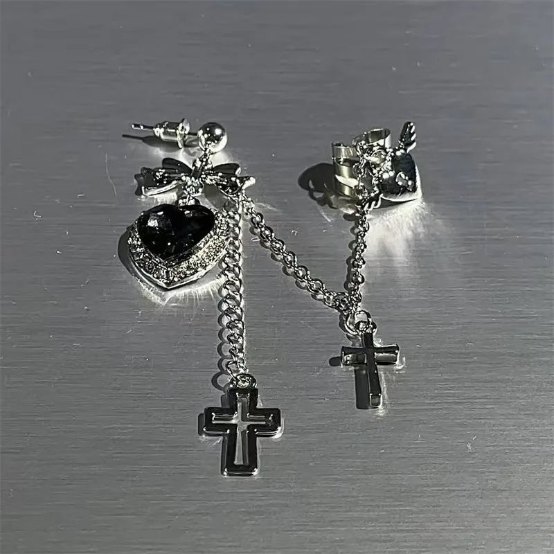 1/2Pcs Punk Black Crystal Heart Earrings Women Men Hip Hop One Piece Ear Bone Clips Bow Pendant Ear Studs Jewelry Gift E - AltBrat