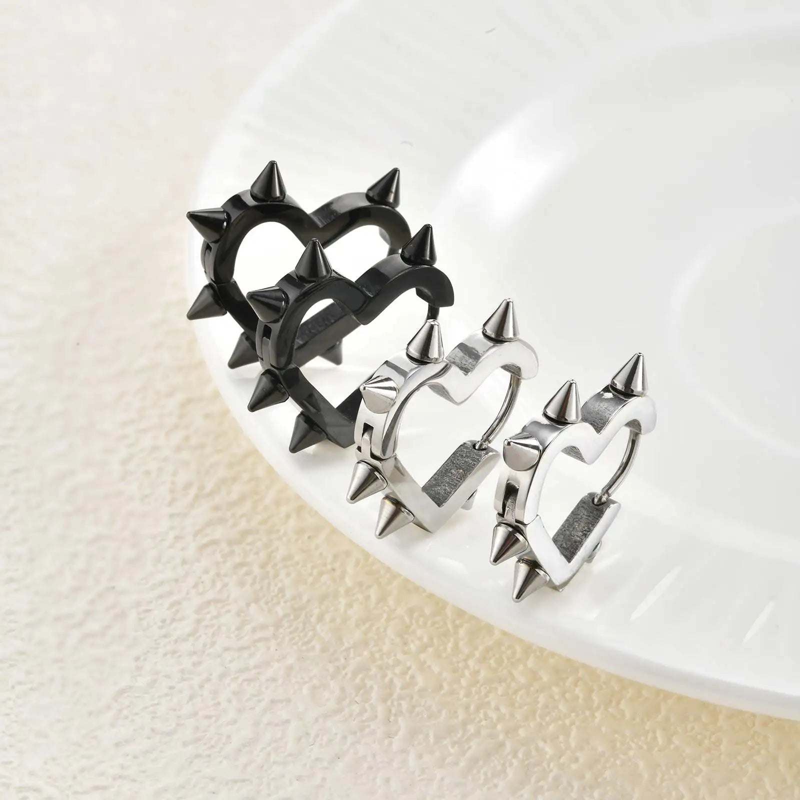 Creative Gothic Punk Rivet Heart Hoop Earrings, Stainless Steel Geometric Piercing Earrings, Unique Cool Jewelry for Par - AltBrat