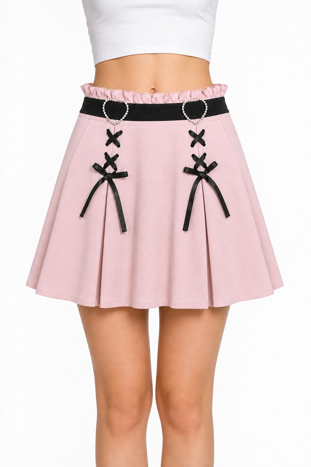 Pearl Heart Lace-Up Flared Skater Skirt - AltBrat