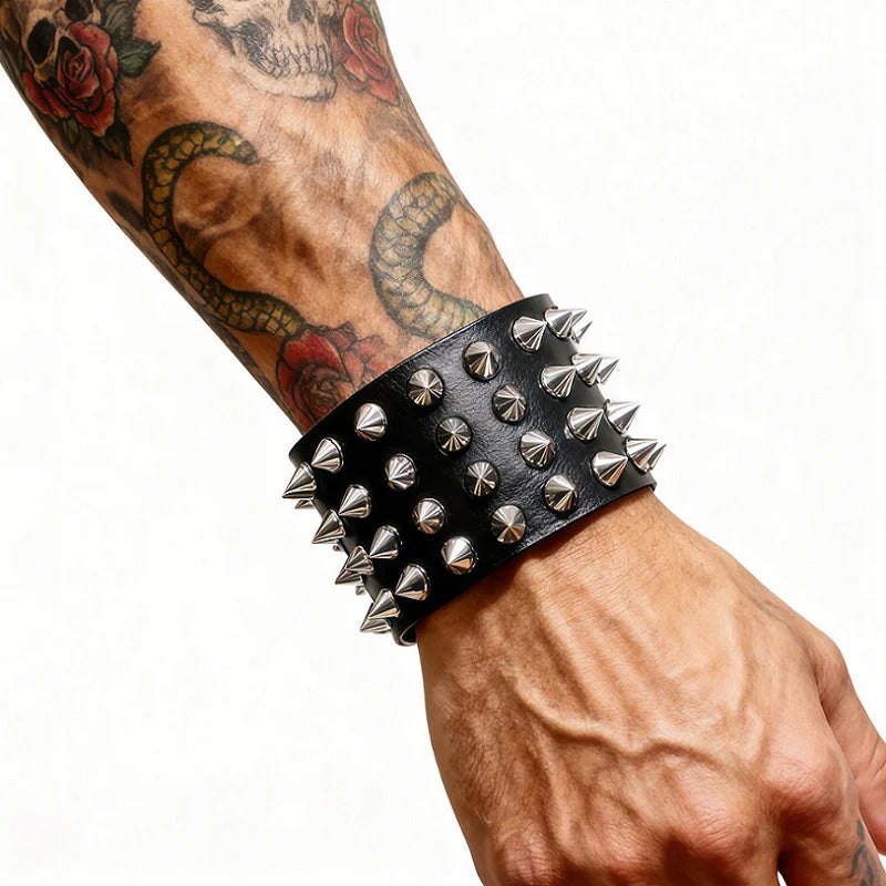 Cool Gothic PU Leather Studded Bracelet Adjustable Punk Goth Cuff Spike Bracelet Gothic Rivet Wristband for Men Women - AltBrat