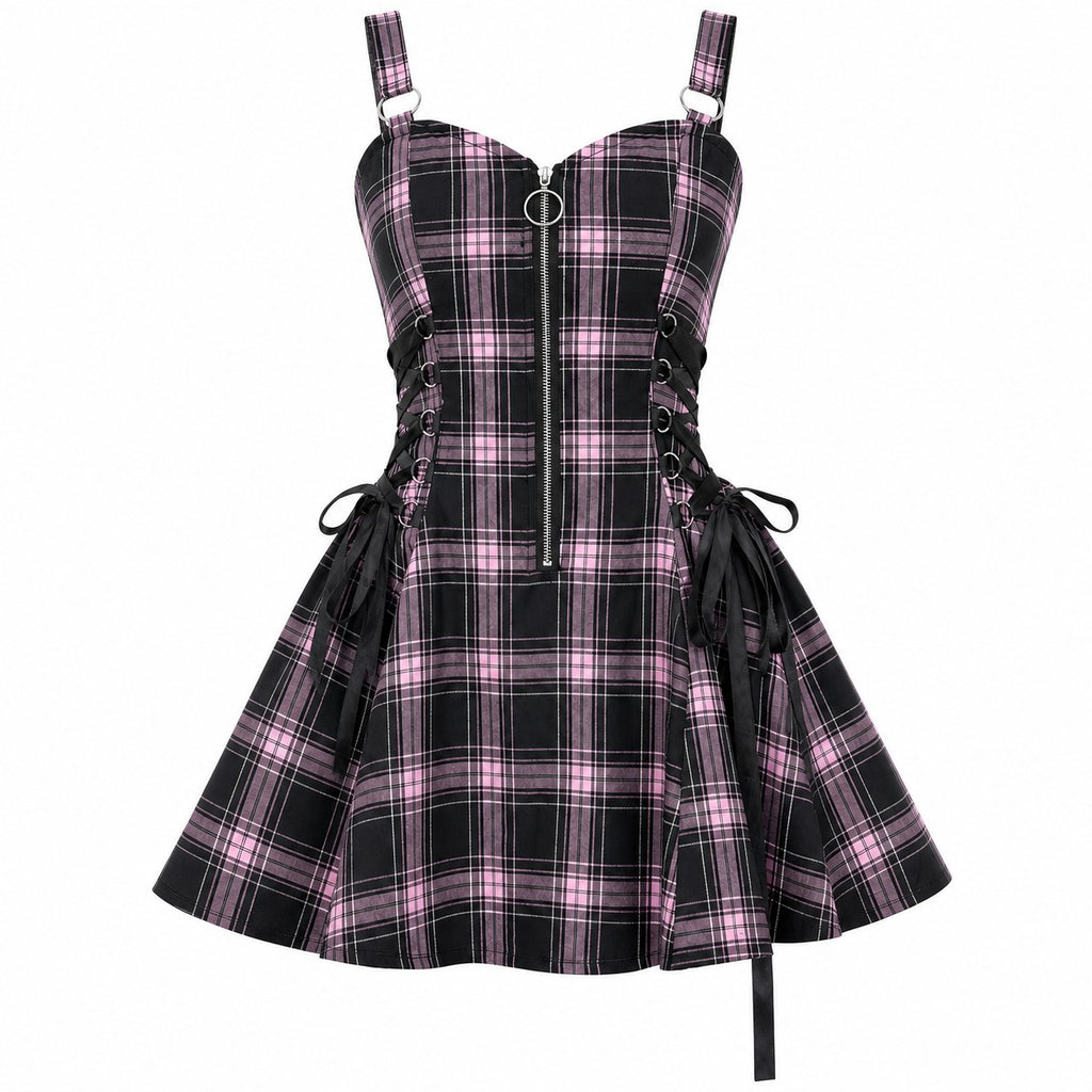 Plaid Drawstring Zipper Mini Dress - AltBrat
