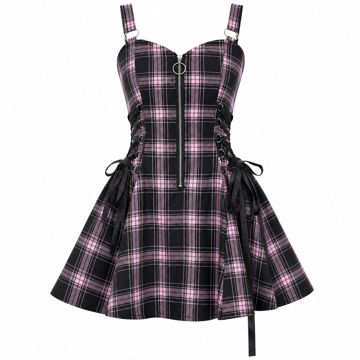 Plaid Drawstring Zipper Mini Dress - AltBrat