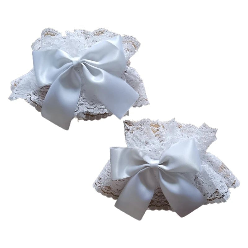 Dark Gothic Lolita Wrist Cuffs Sweet Satin Bow Ruffles Floral Lace Tulle Bracelet Wristband Japanese Anime Maid Cosplay  - AltBrat