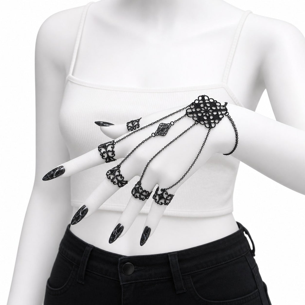 Gothic Filigree Hand Chain with Finger Rings - AltBrat