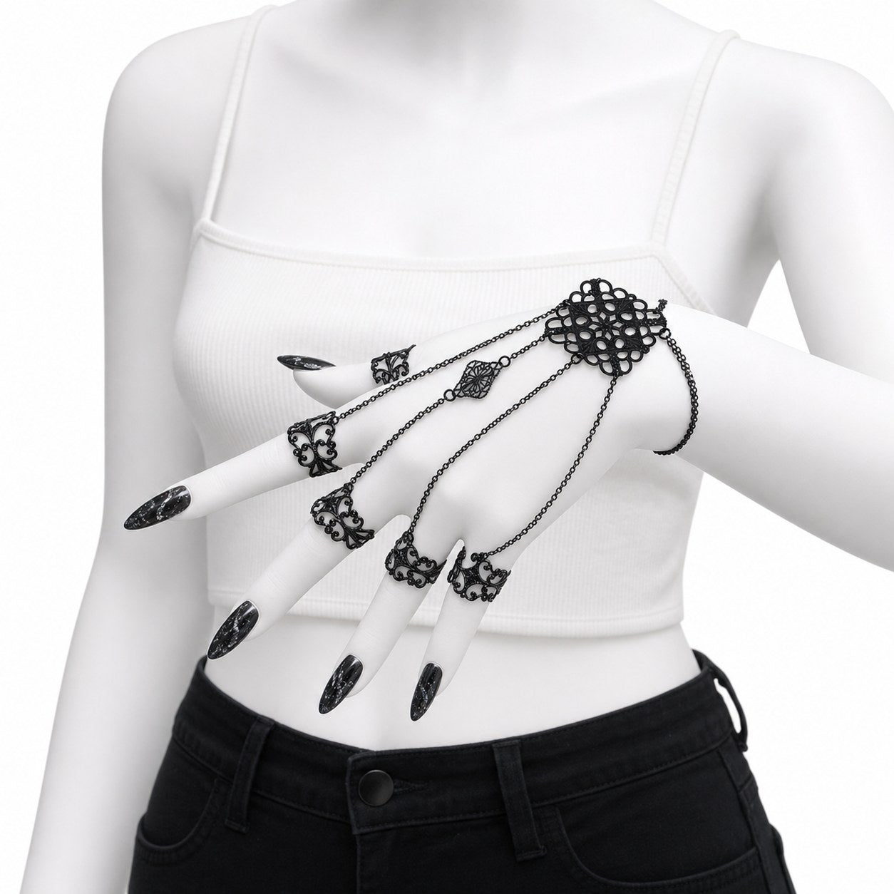 Gothic Filigree Hand Chain with Finger Rings - AltBrat