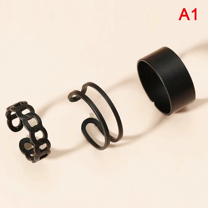 3/6pcs Vintage Black Punk Rings Set for Women Girls Simple Metallic Geometric Fashion Accessories - AltBrat