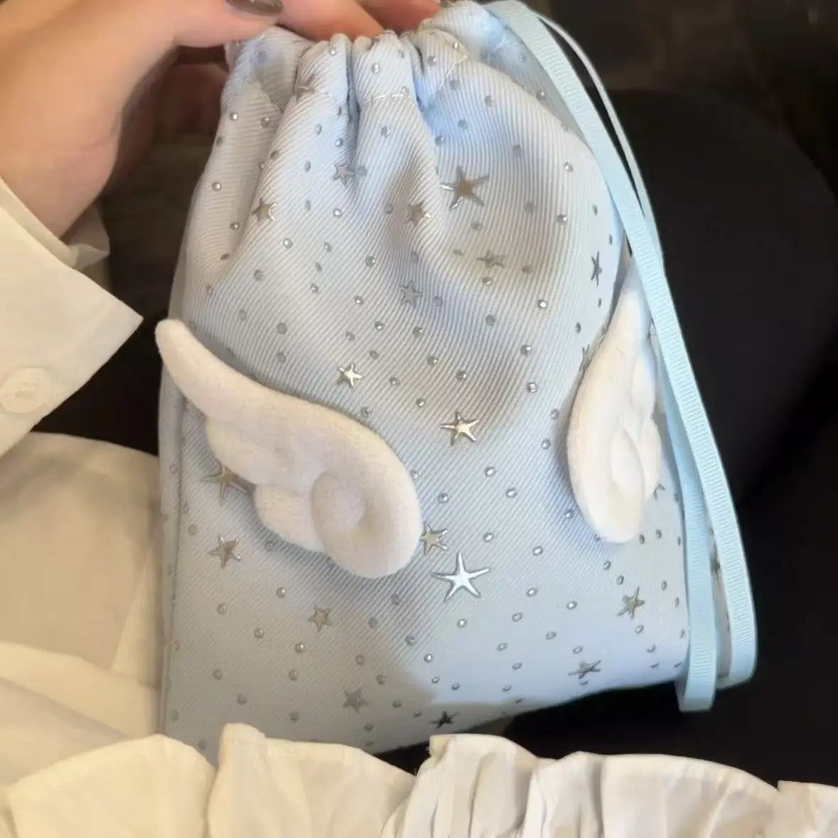 Super Shiny Star Print Angel Wing Cosmetic Bag Large Capacity Drawstring Makeup Storage Handbag - AltBrat