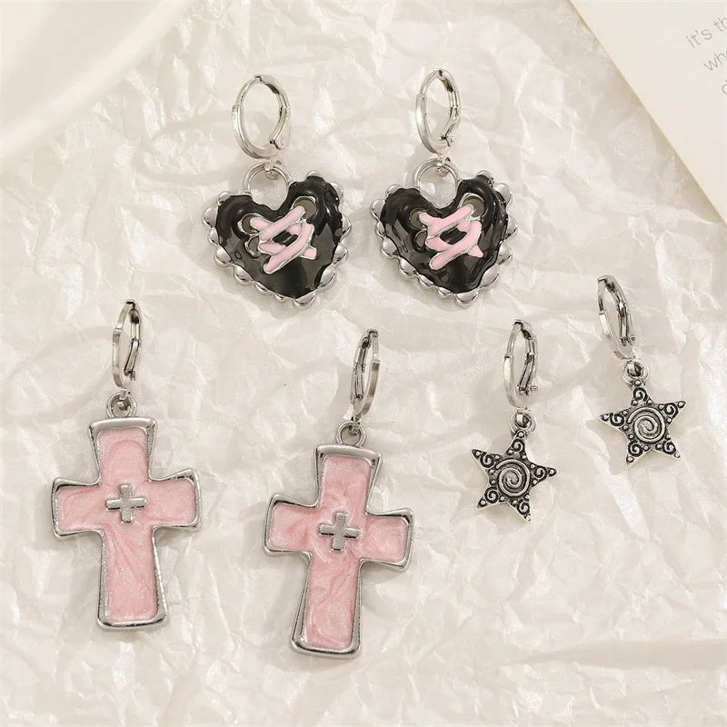 Goth Vintage Cute Bowknot Pink Strawberry Heart Star Pendant Earrings Egirl Gothic 2000s Y2K EMO Rave Jewelry Scene Acce - AltBrat