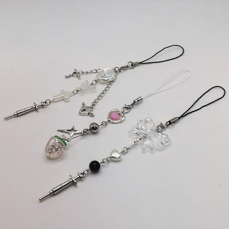 Black Punk Y2K Phone Pendant Chain Cool Girl Sweet Pink Beaded Charm With Cross Butterfly Love Accessories For iPhone Ca - AltBrat