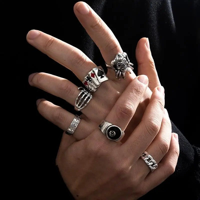 6Pcs Punk Poker Joker Silver Color Rings Set for Men Goth Skeleton Billiards Set Couple Emo Fashion Jewelry Anillos Homb - AltBrat