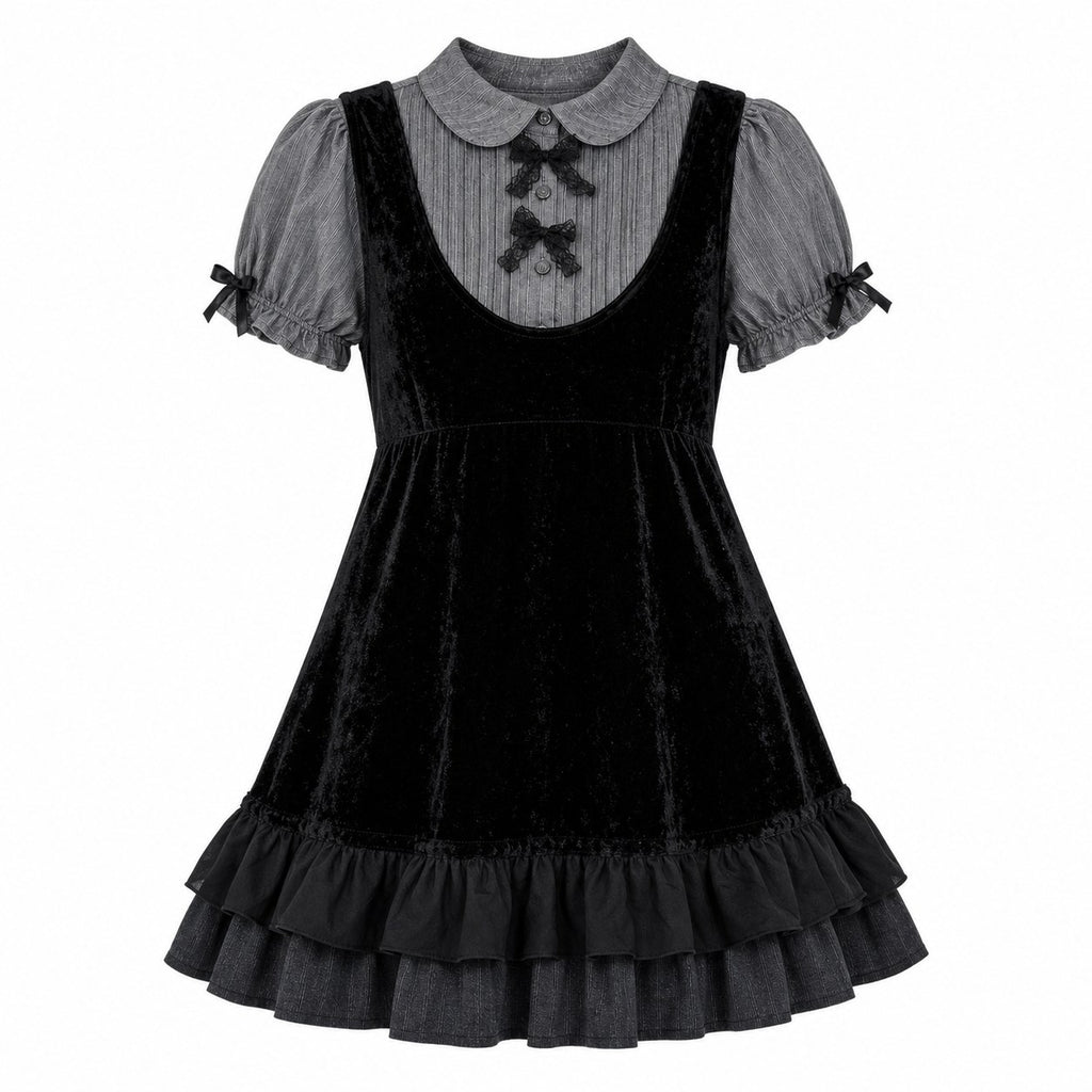Harajuku Gothic Bow Dress – Y2K Lace Shirt Mini Dress - AltBrat