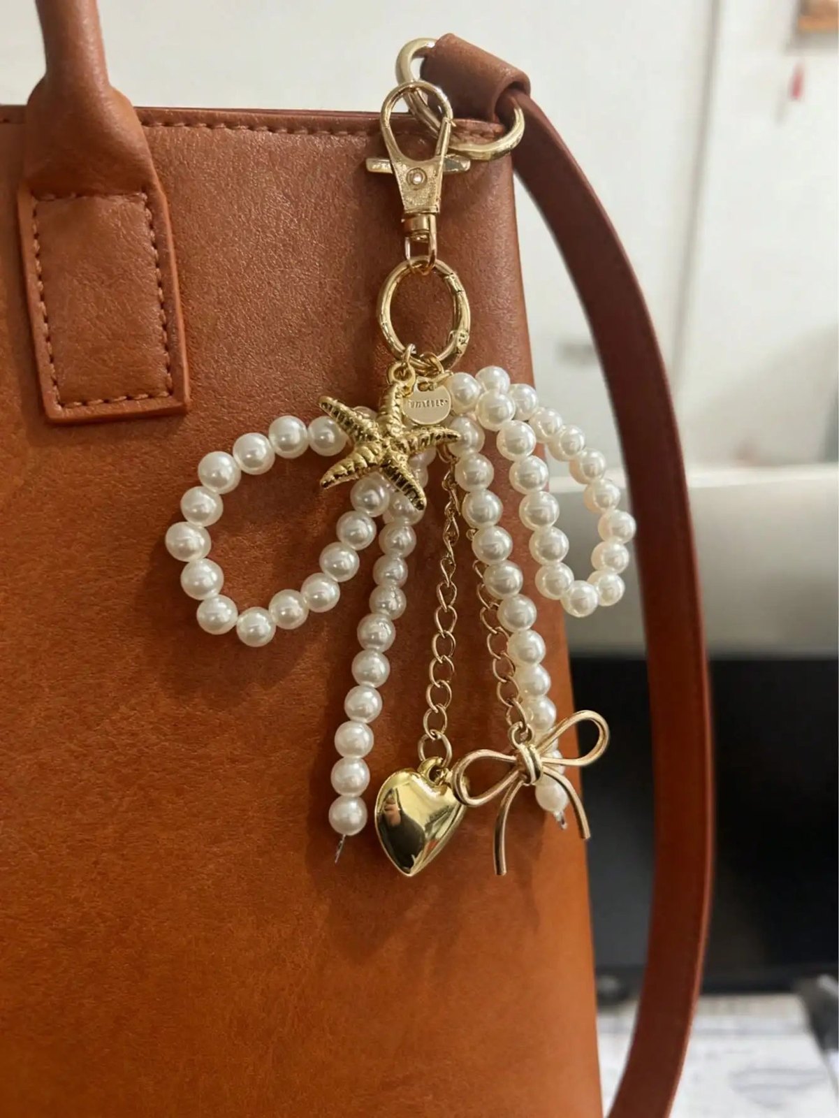 Elegant Pearl Bow Heart Star Bag Charm Keychain, Silver Plated Heart Star Pendant, Aesthetic Pearl Purse Key Ring Access - AltBrat