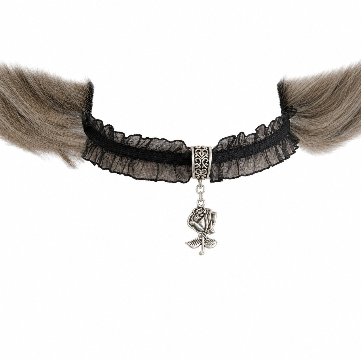 Black Lace Ruffle Choker with Rose Pendant - AltBrat