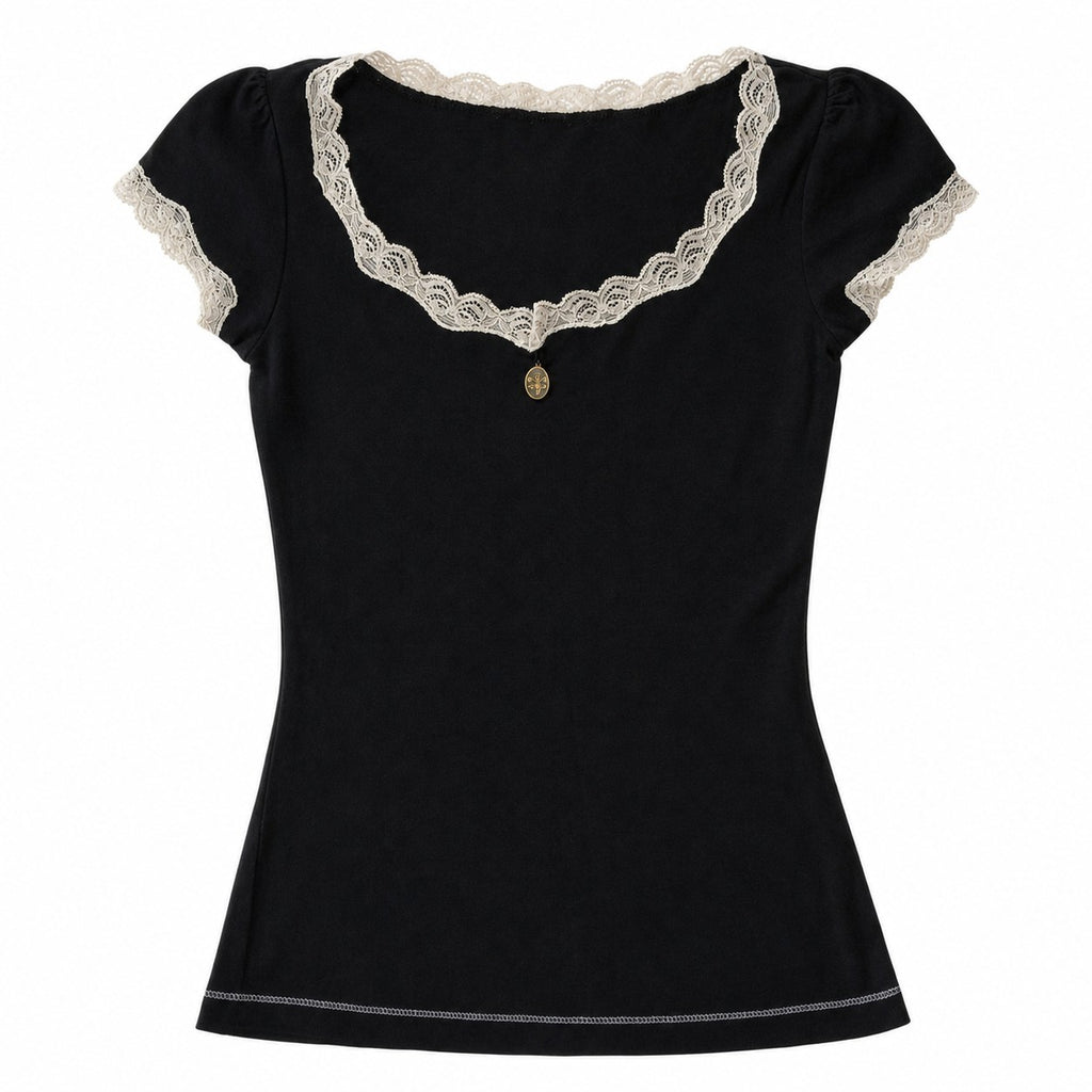 Lace-Trim Cap Sleeve Top with Cross Charm - AltBrat