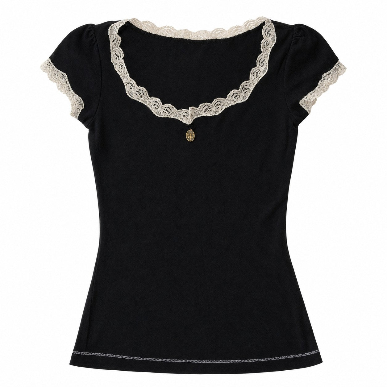 Lace-Trim Cap Sleeve Top with Cross Charm - AltBrat