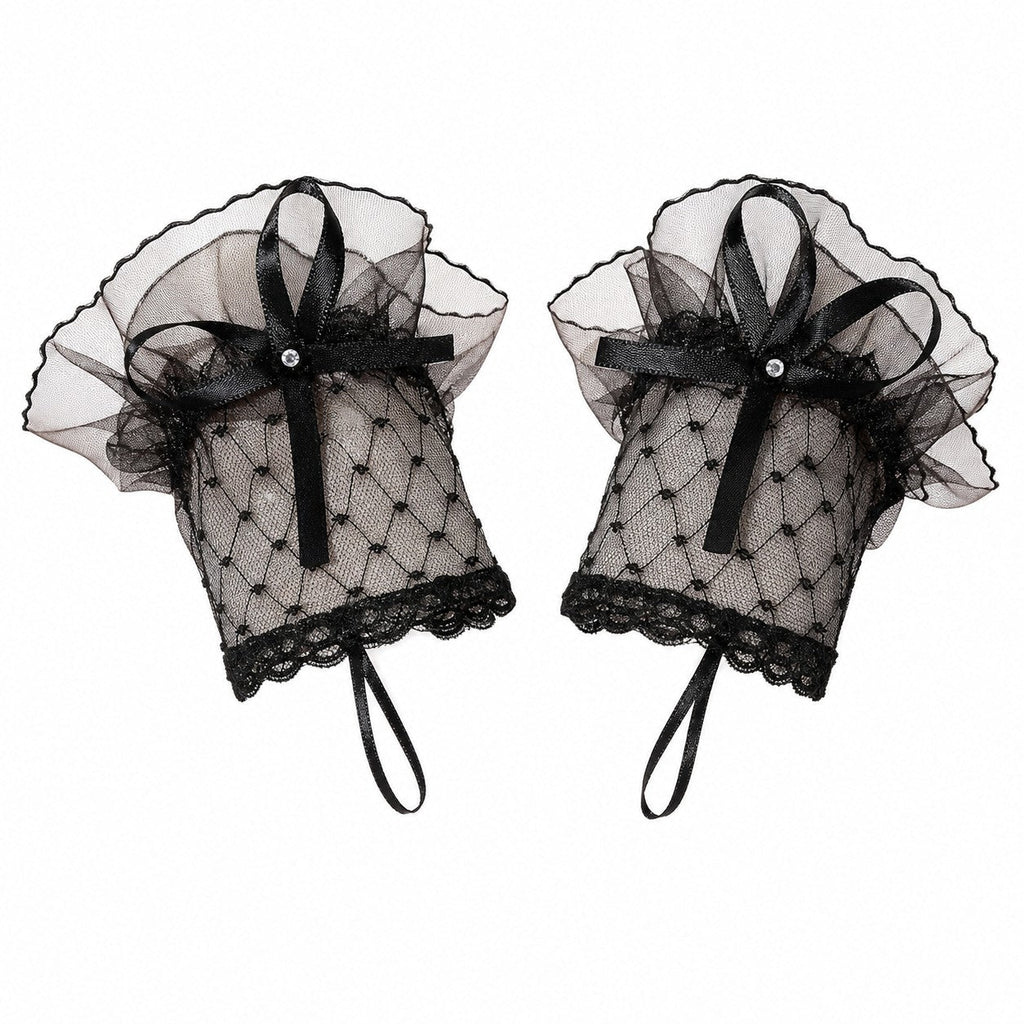Black Lace Fingerless Gloves with Satin Bow
