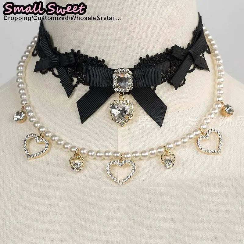 Handmade Choker Necklaces Double Pearl bow love jewelry gemstone sweet Cute Kawaii Collar Lolita Collarbone Chain Ceckla - AltBrat