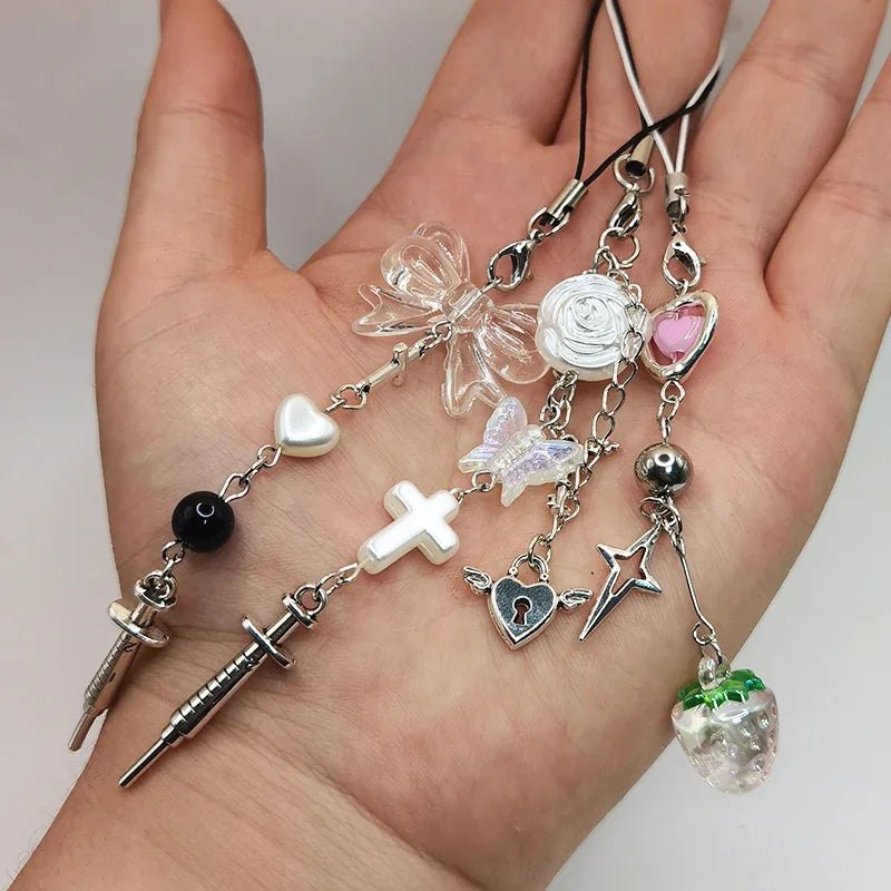 Black Punk Y2K Phone Pendant Chain Cool Girl Sweet Pink Beaded Charm With Cross Butterfly Love Accessories For iPhone Ca - AltBrat