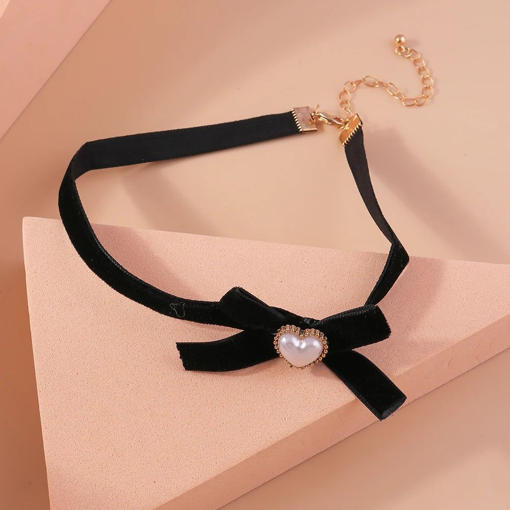 Fashion Black Bowknot Necklace Gothic Heart Lace Velvet Choker Necklaces for Women Girls Party Club Jewelry Gifts - AltBrat