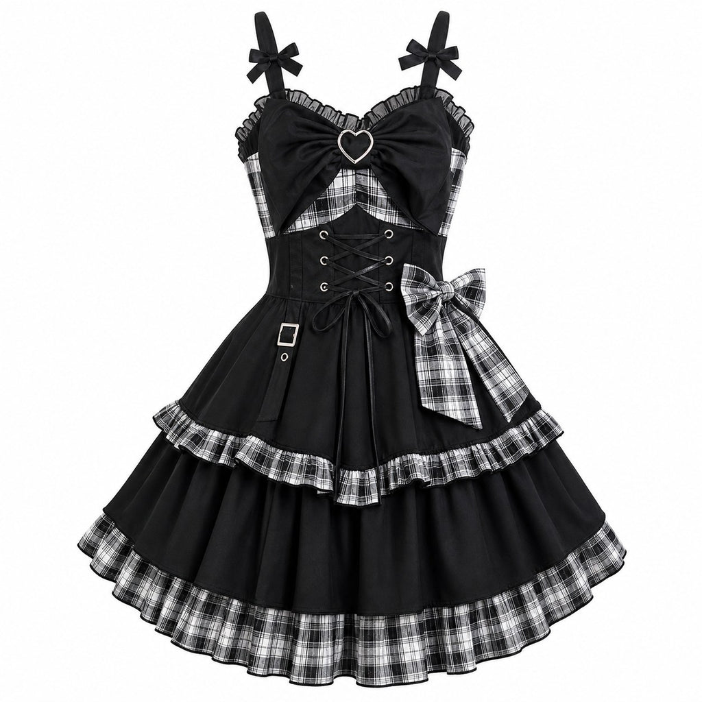 Gothic Punk Lolita JSK Dress – Victorian Plaid Bow Mini Dress - AltBrat