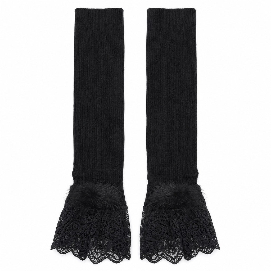 Ribbed Fingerless Long Gloves with Fur Pom Cuff - AltBrat