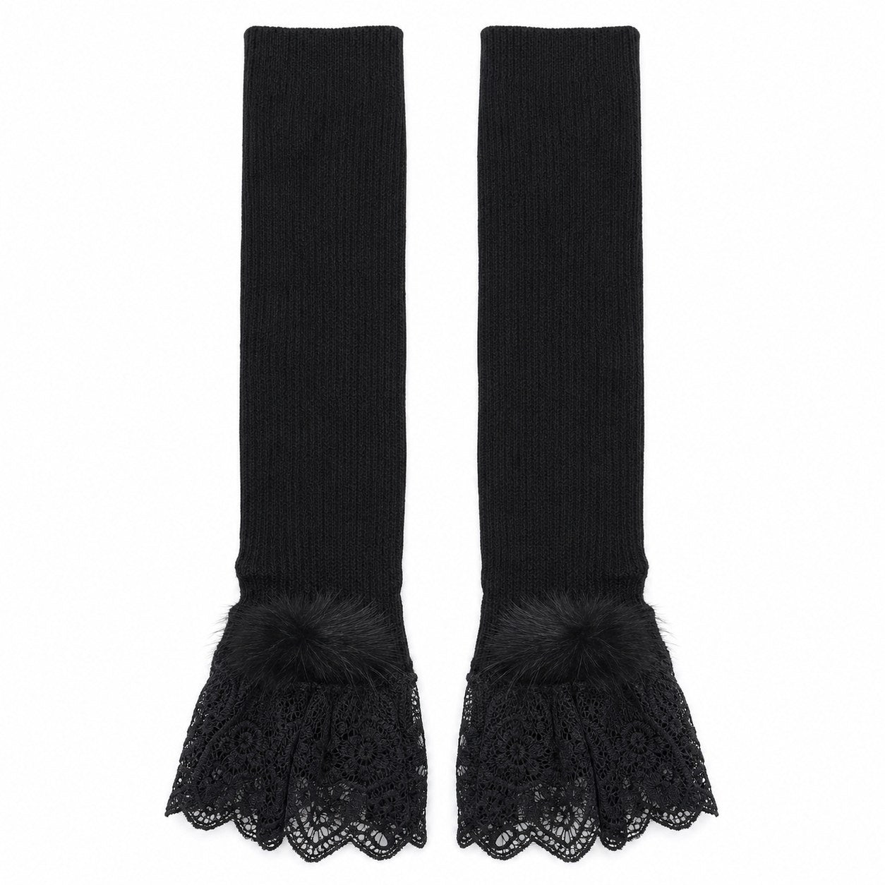 Ribbed Fingerless Long Gloves with Fur Pom Cuff - AltBrat