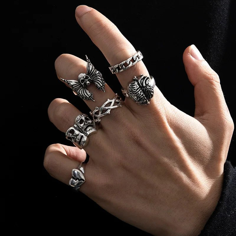 6Pcs Punk Poker Joker Silver Color Rings Set for Men Goth Skeleton Billiards Set Couple Emo Fashion Jewelry Anillos Homb - AltBrat