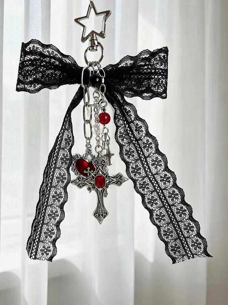 Gothic Black Lace Bow Cross Heart Tassels Star Key Chains Charms Y2K Red Crystal Pendant Keyring for Bags & Keys Accesso - AltBrat
