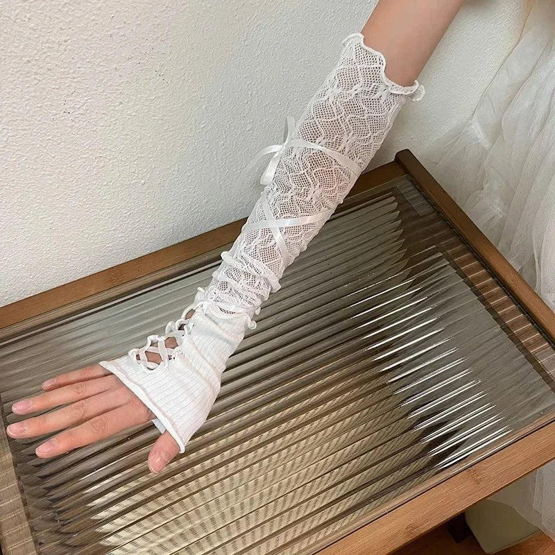 Women Lolita Jk Lace Fingerless Gloves Black Gothic DIY Strapping Sunscreen Sleeve Clothing Accessories Elastic Mesh Pun - AltBrat