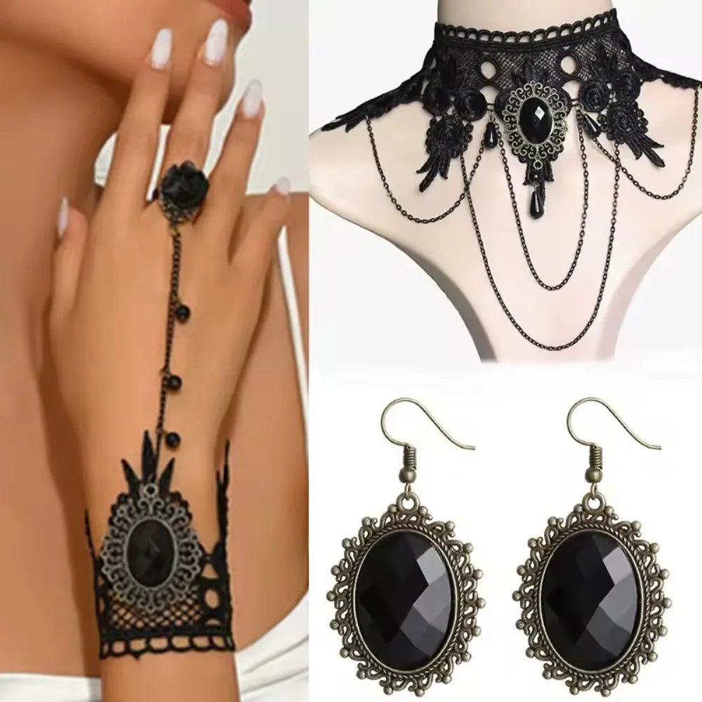4pcs/set Gothic Punk Dark Style Black Color Teardrop Pendant Lace Bracelet Ring Set Women's Personalized Holiday Jewelry - AltBrat