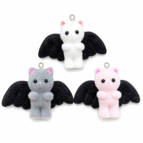 2pcs 50*37mm Goth Bat Wing Flocked Cat Charm Kawaii Plush Kitty Pendant for DIY Keychain Necklace Jewelry Making Accesso