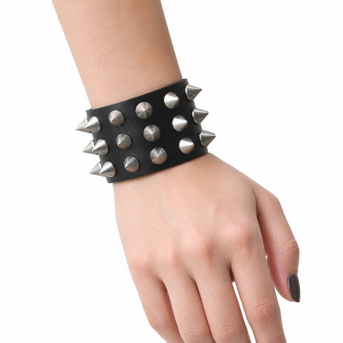Black Spiked Leather Wide Cuff Bracelet - AltBrat