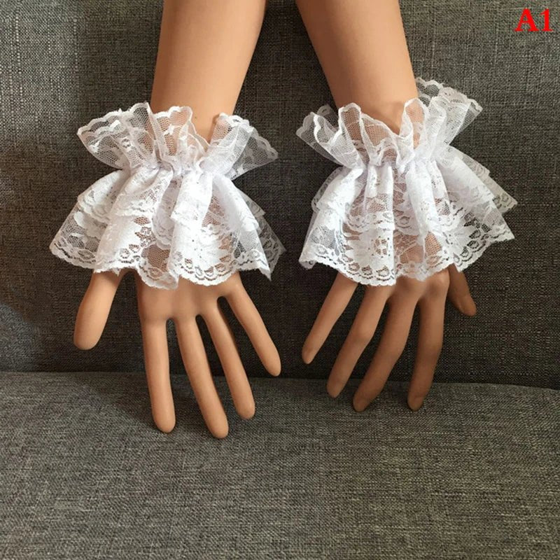 Lolita Hand Sleeve Wrist Cuffs Ruffled Floral Black Lace Elastic Bracelet Elegant Ladies Short Lace Gloves Halloween - AltBrat