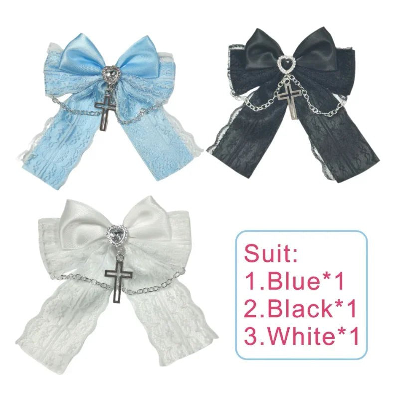 Ladies' black lace bow hair accessory hair clip Gothic cross with dark style - AltBrat