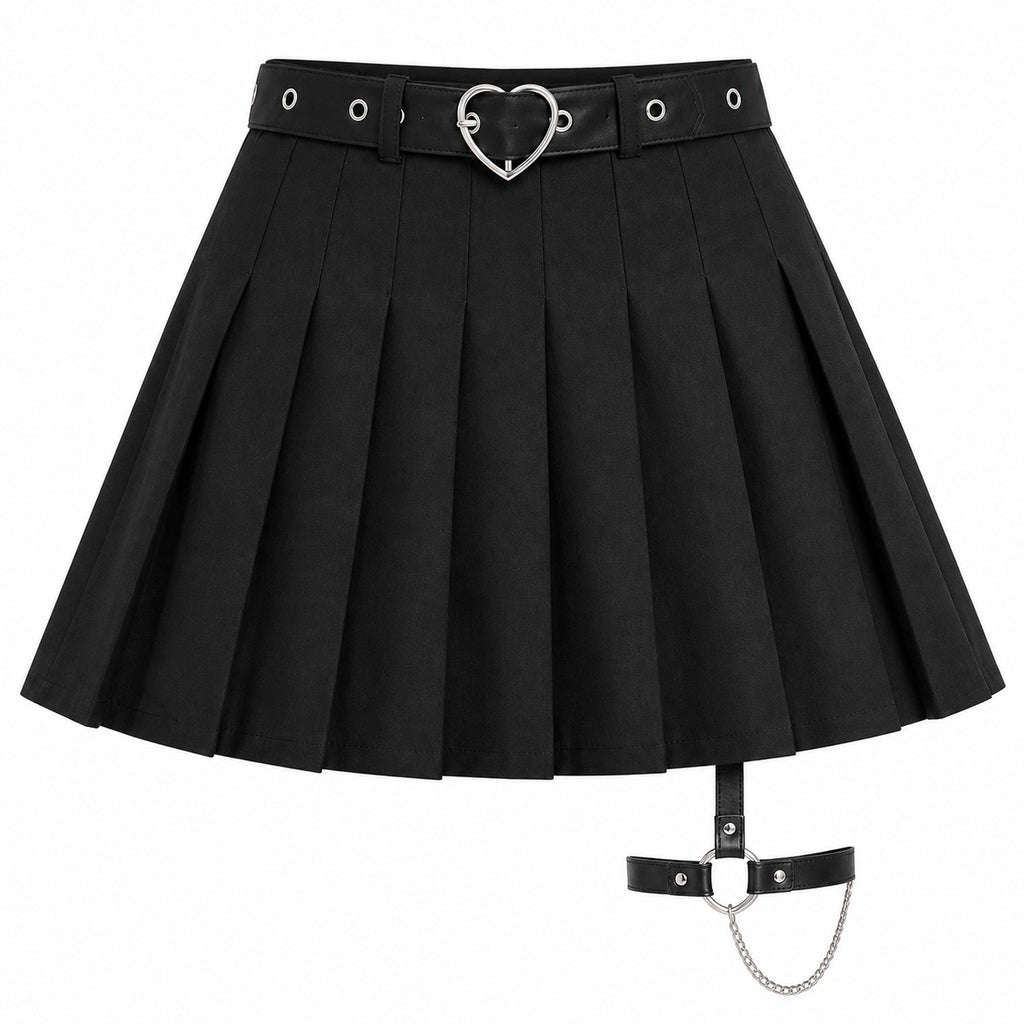 Pleated Skirt with Heart Buckle Belt (Black/White) product - AltBrat