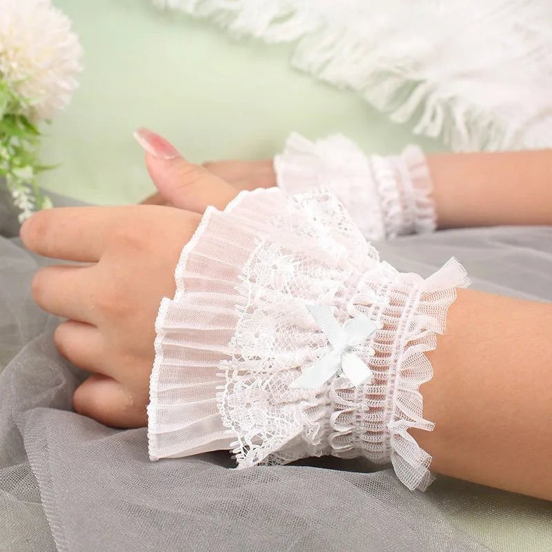Gothic Lolita Hand Wrist Cuffs Bowknot LaceTrim Maid Cosplay Accessories For Women Girl Party - AltBrat