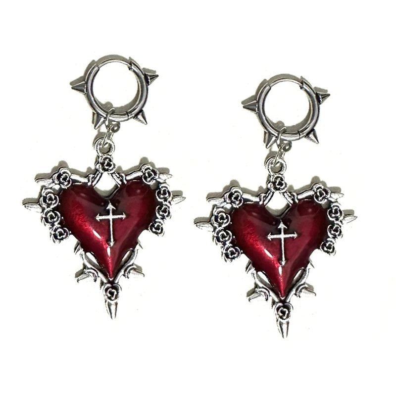 Goth Jewelry Thorns Heart Cross Earrings Red Drip Oil Rose Flower Earrings for Women Punk Charms Accessories Grunge Earr - AltBrat
