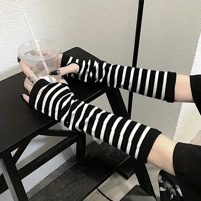 Striped Long Fingerless Arm Warmers (Multi-Colour) - AltBrat